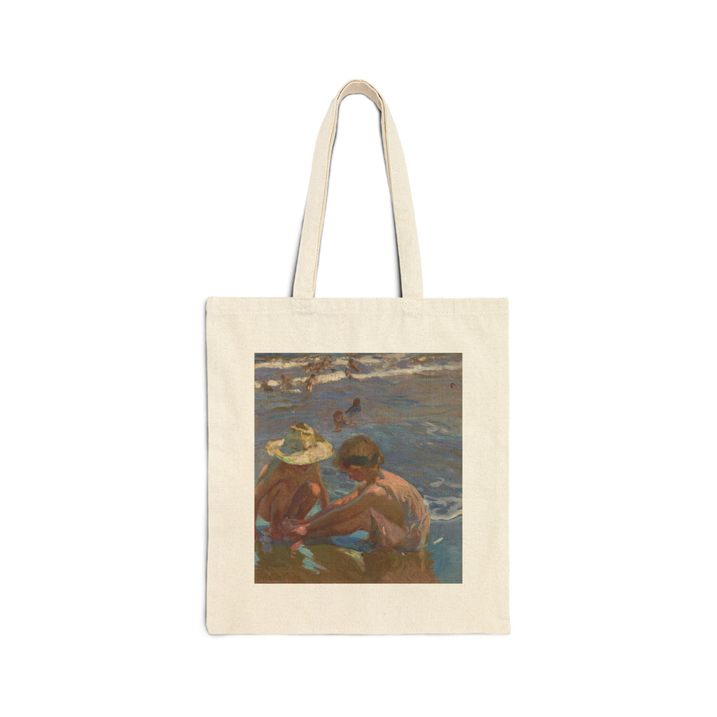 Canvas Tote Bag with Painting of Children at the Beach